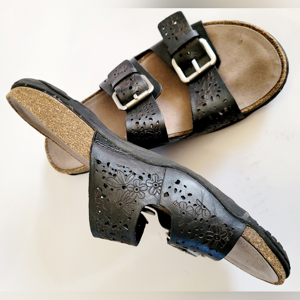 Earth Sand Antigua Women's Perforated Genuine Leather Slide Sandals Black US 9.5 - Picture 14 of 16
